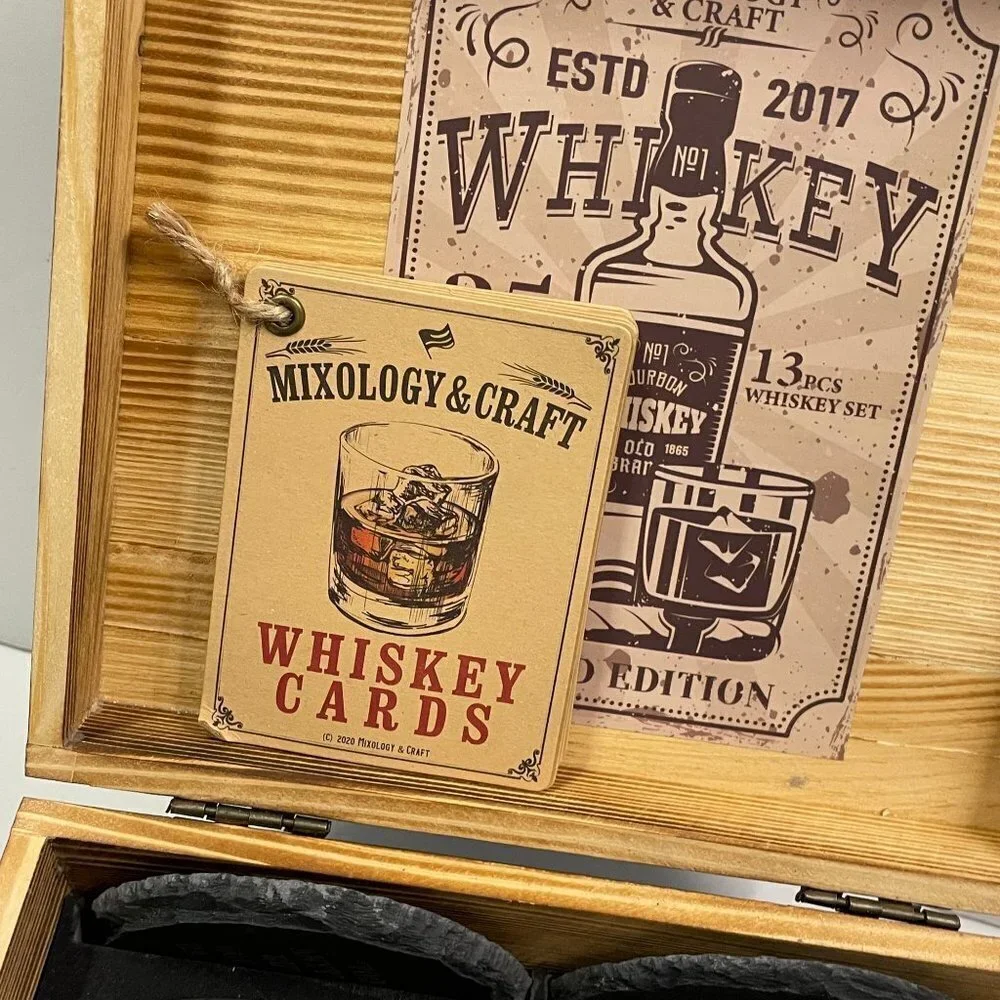 Mixology & Craft Whiskey Glass Stones Coasters Cards‎ Wooden Gift Box